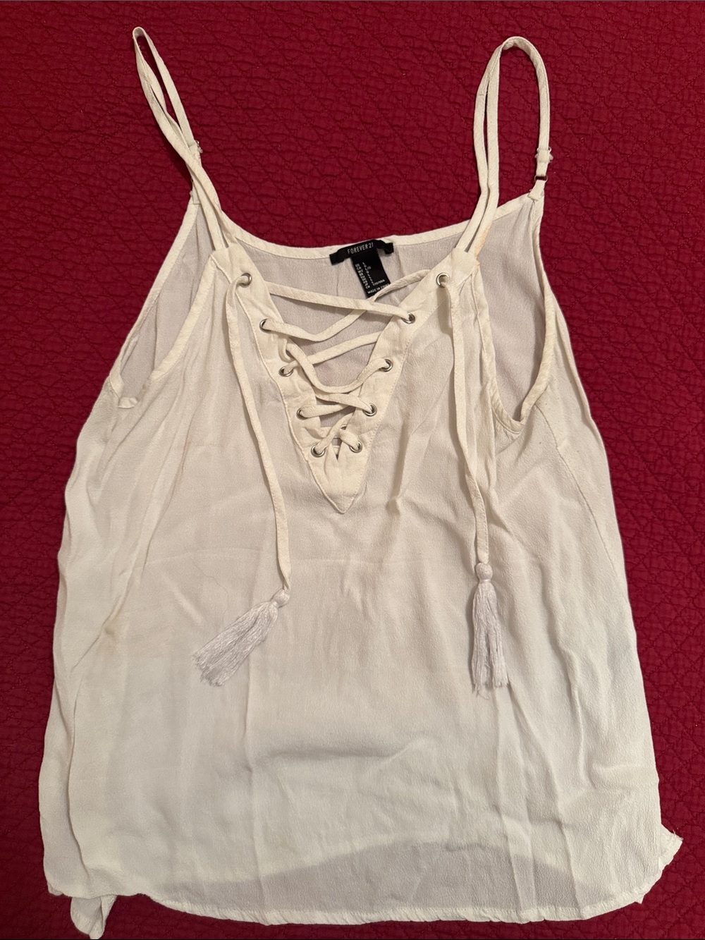 Forever 21 White Lace-Up Tassel Camisole